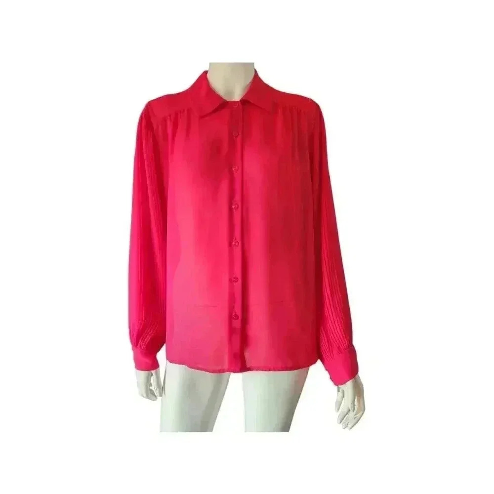 VINTAGE 80s Sheer Hot Pink Fuchsia Blouse M - L
